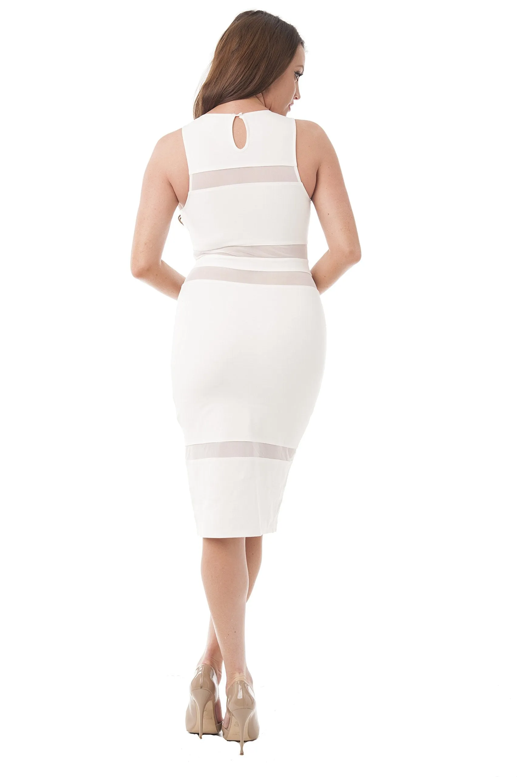 Khanomak Women's Sleeveless Mesh Fitted Stretch Midi Cocktail Party Dress