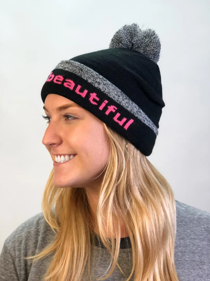 knit beanie with I am beautiful™ on inside cuff