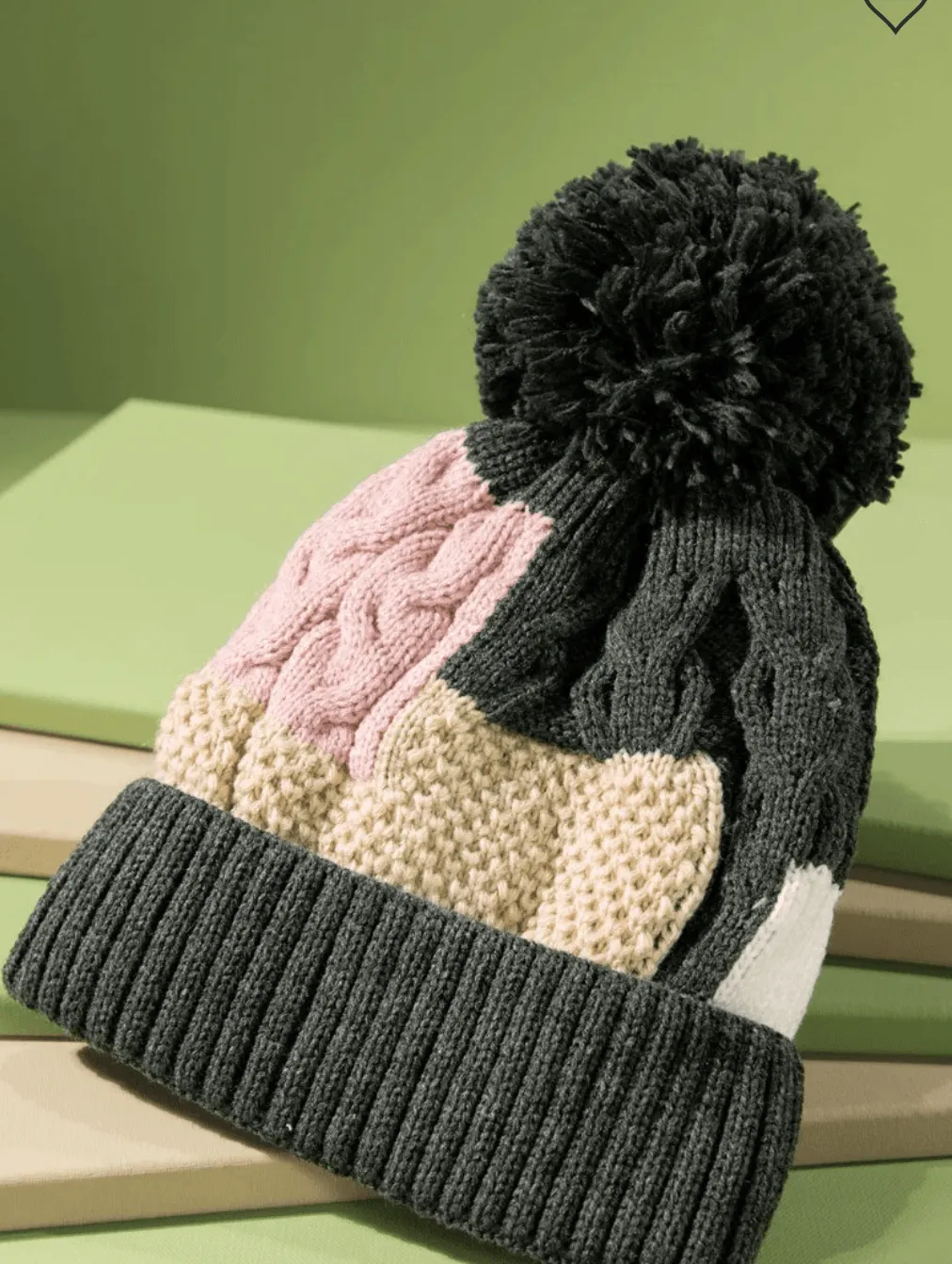 Knit Color Block Beanie Hat with Pom Pom 0046