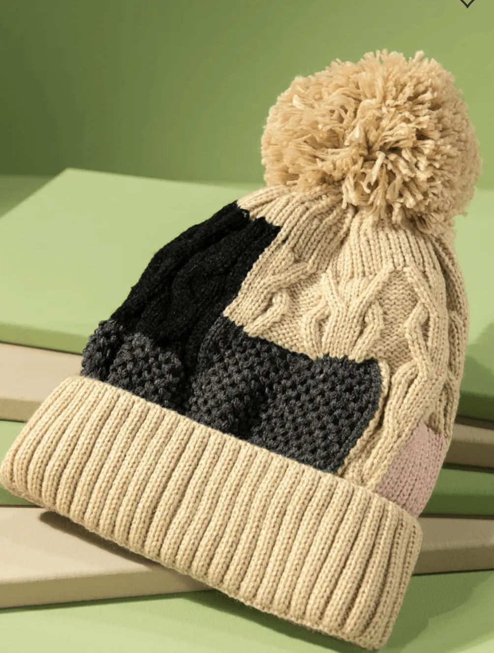 Knit Color Block Beanie Hat with Pom Pom 0046