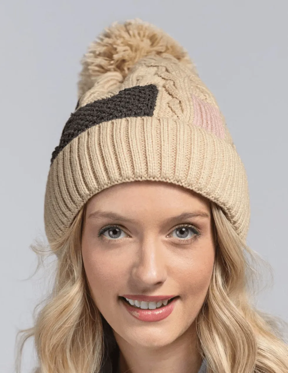 Knit Color Block Beanie Hat with Pom Pom 0046