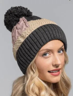 Knit Color Block Beanie Hat with Pom Pom 0046