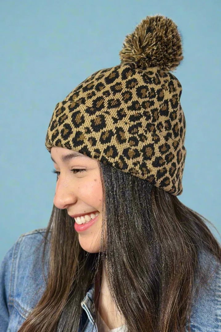 Knit Pom Pom Hat Leopard
