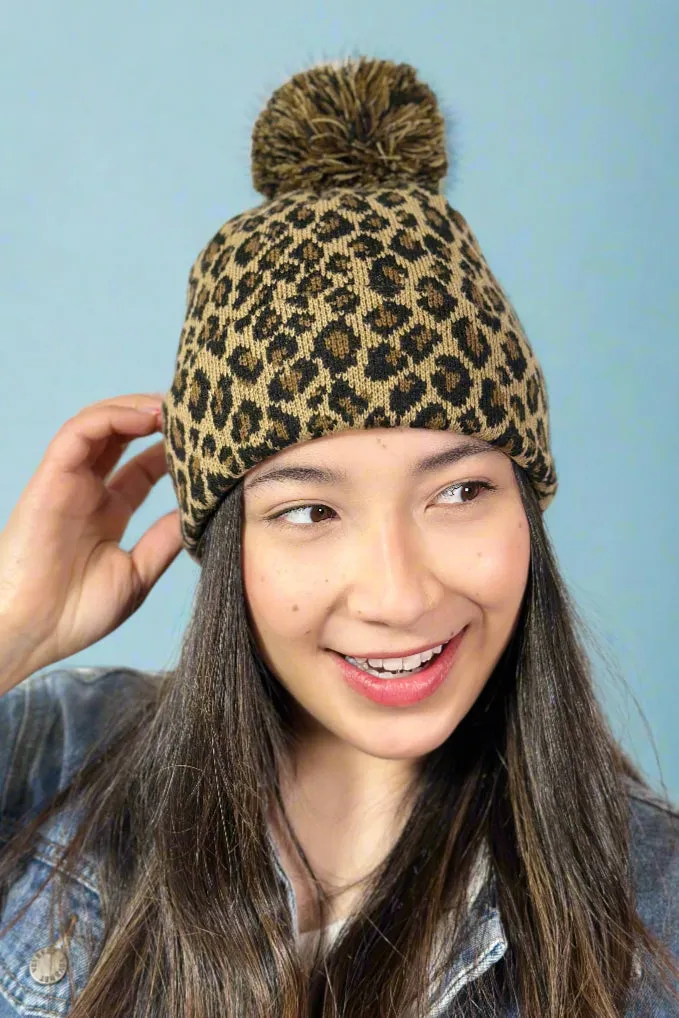 Knit Pom Pom Hat Leopard