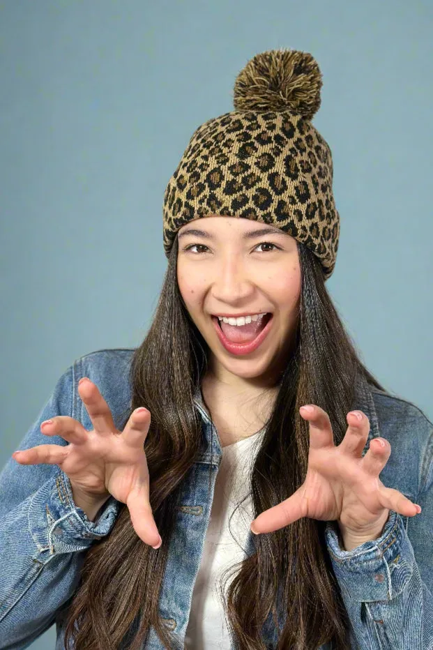 Knit Pom Pom Hat Leopard