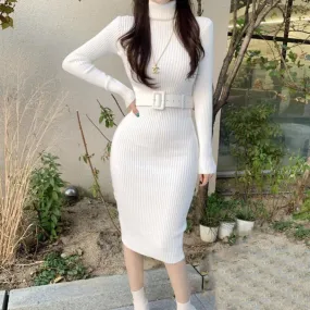 Knitted Bodycon Soft Elastic Turtleneck Midi Dress With Belt