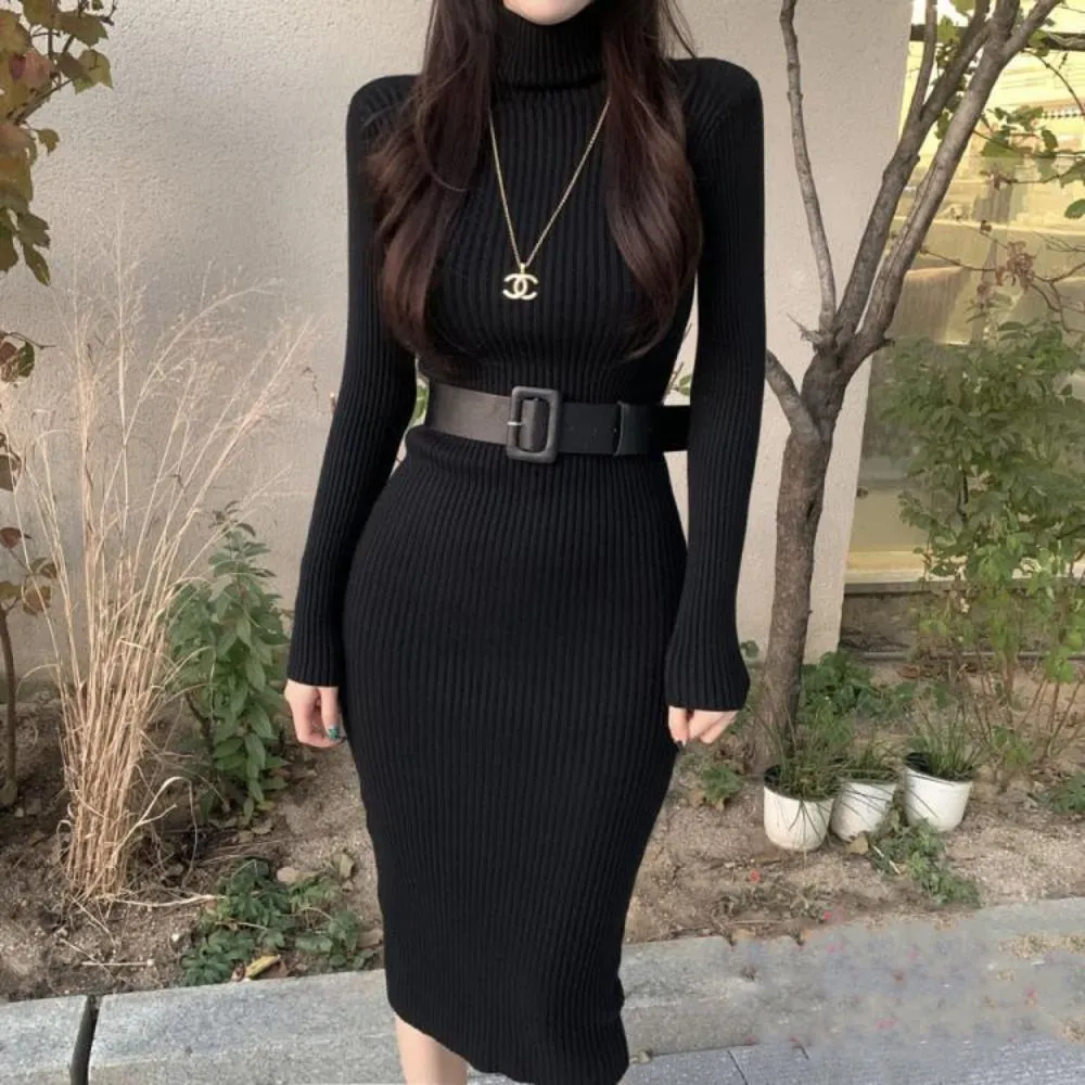 Knitted Bodycon Soft Elastic Turtleneck Midi Dress With Belt