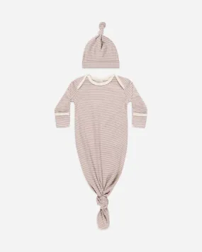 Knotted Baby Gown   Hat Set || Mauve Stripe