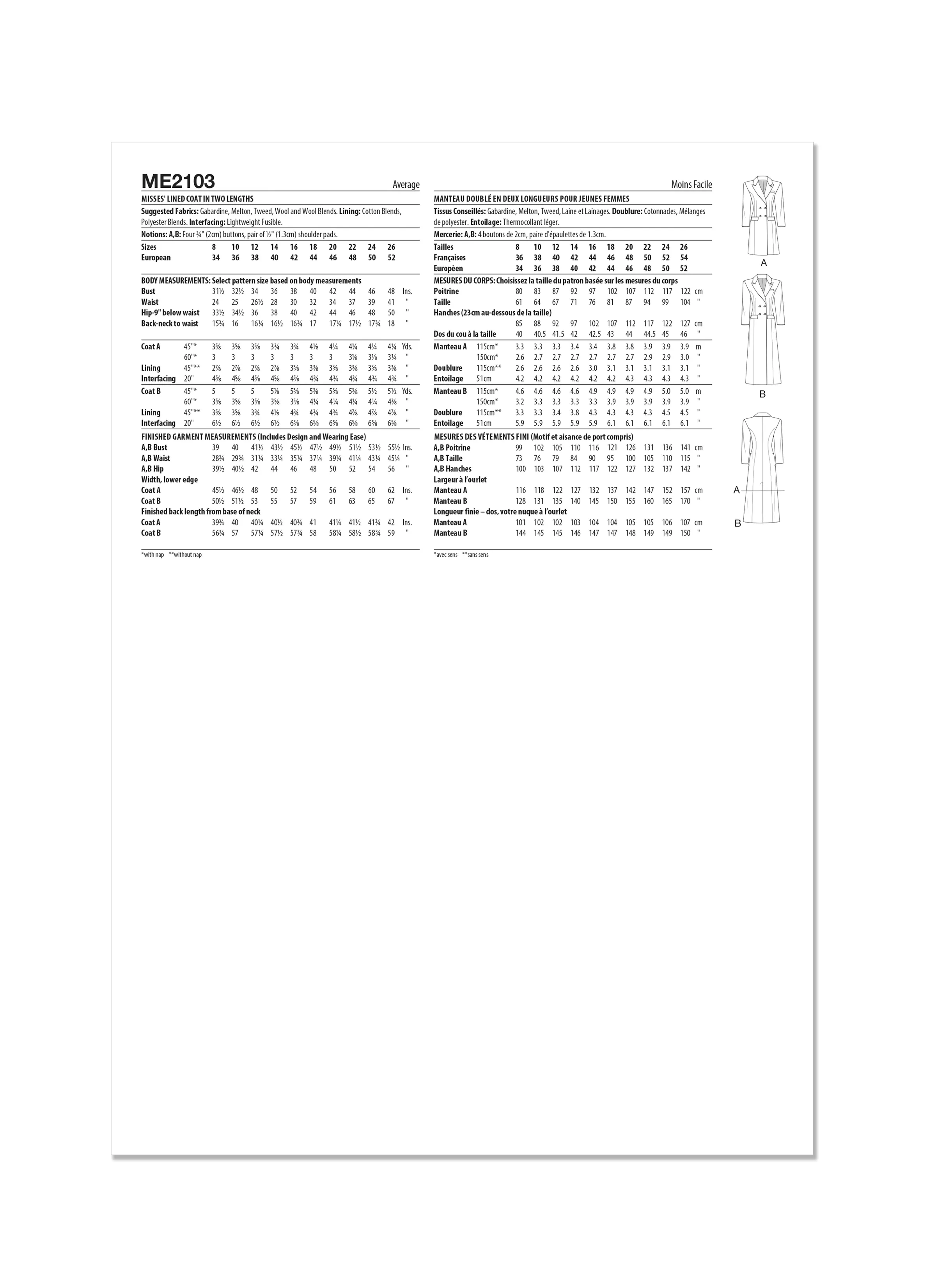 Know Me sewing pattern KM2103 Misses' Lined Coat by Beaute' J'Adore