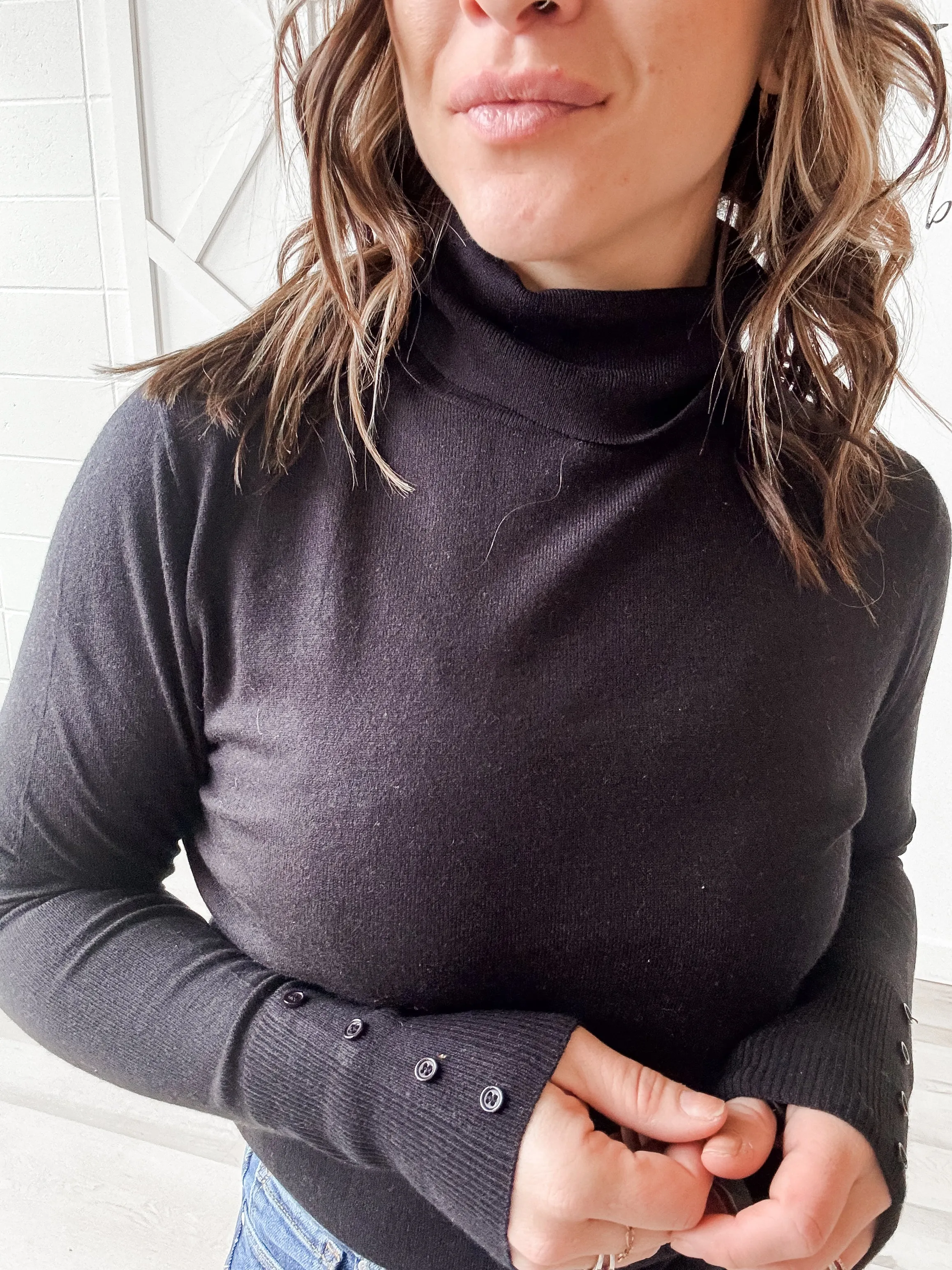 Laura Turtleneck Top w/Button Detail Cuffs
