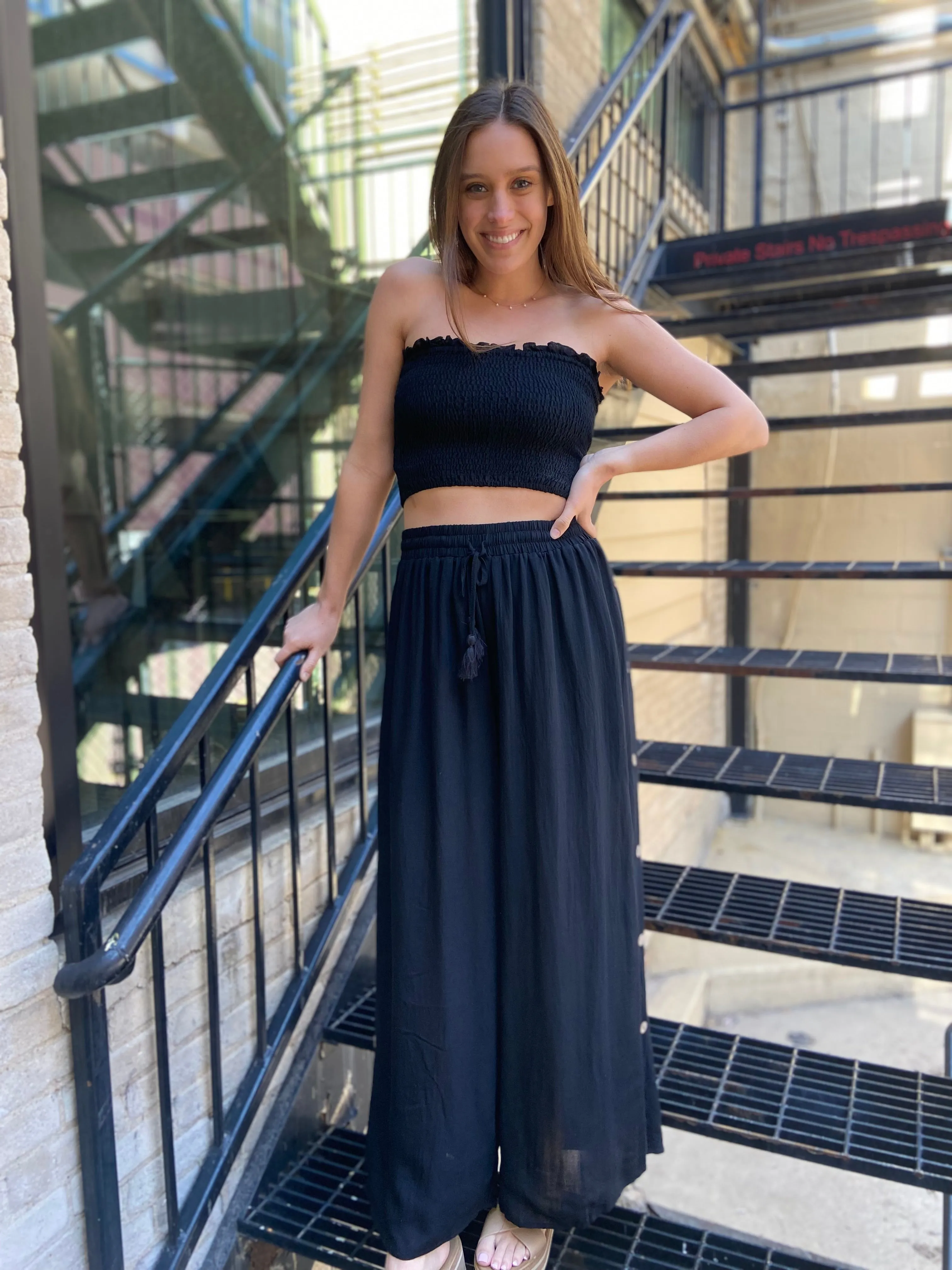Lavina Black Side Button Pants and Tube Top Set