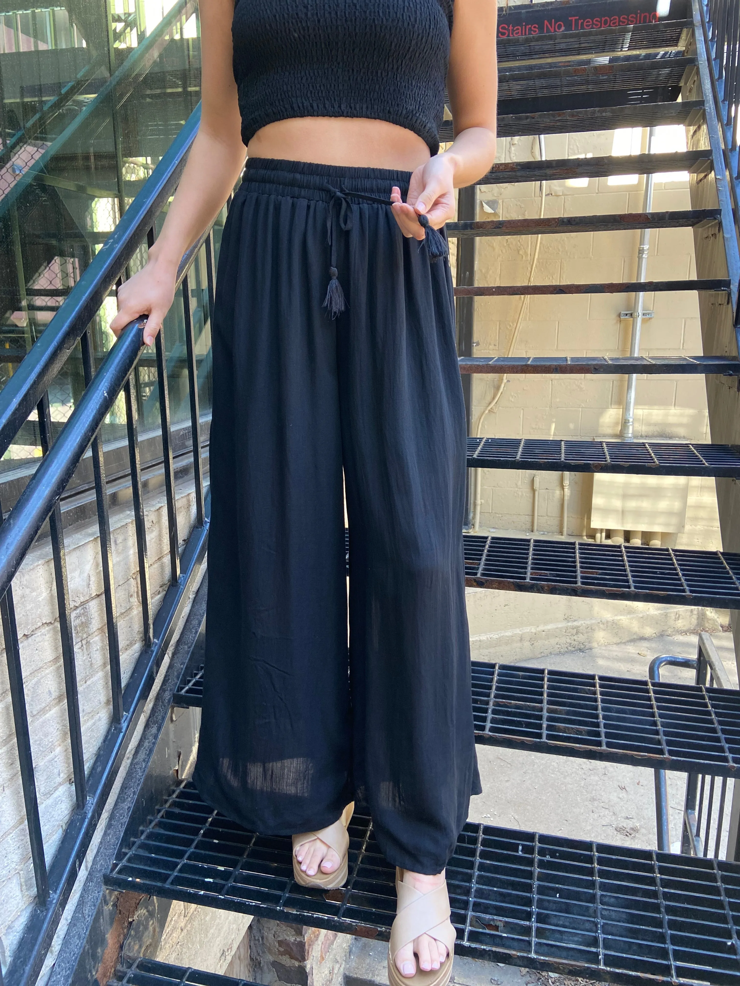 Lavina Black Side Button Pants and Tube Top Set