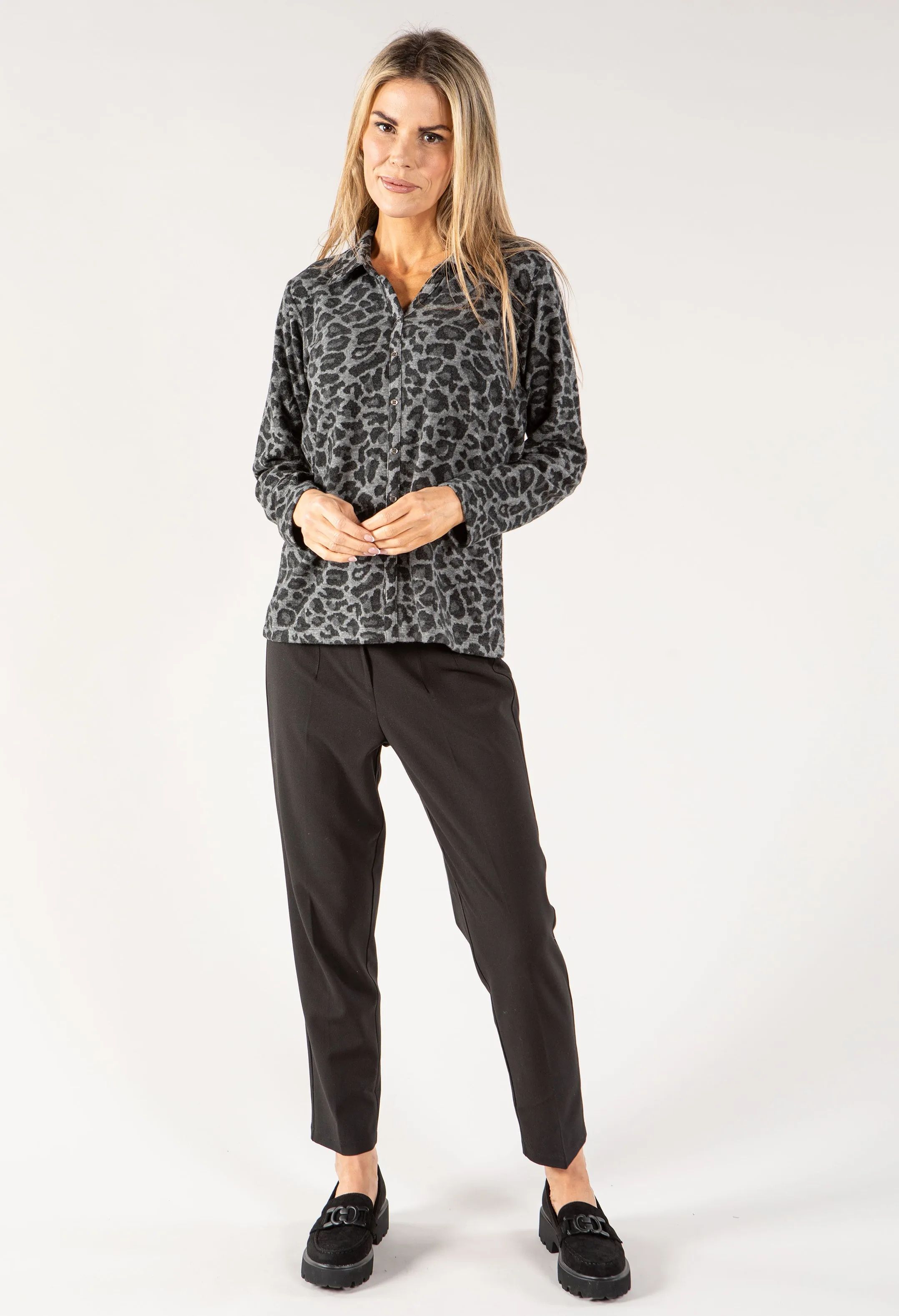 Leo Print Button Down Soft Knit Top