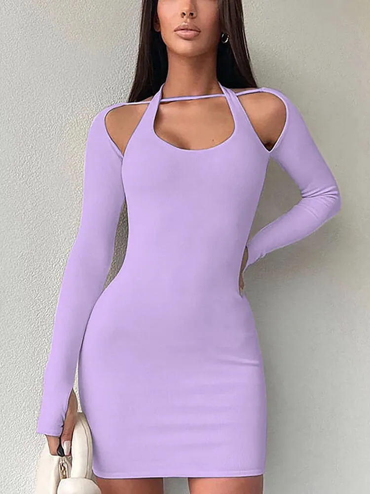 Long Sleeve Halter Neck Cutout Bodycon Mini Dresses