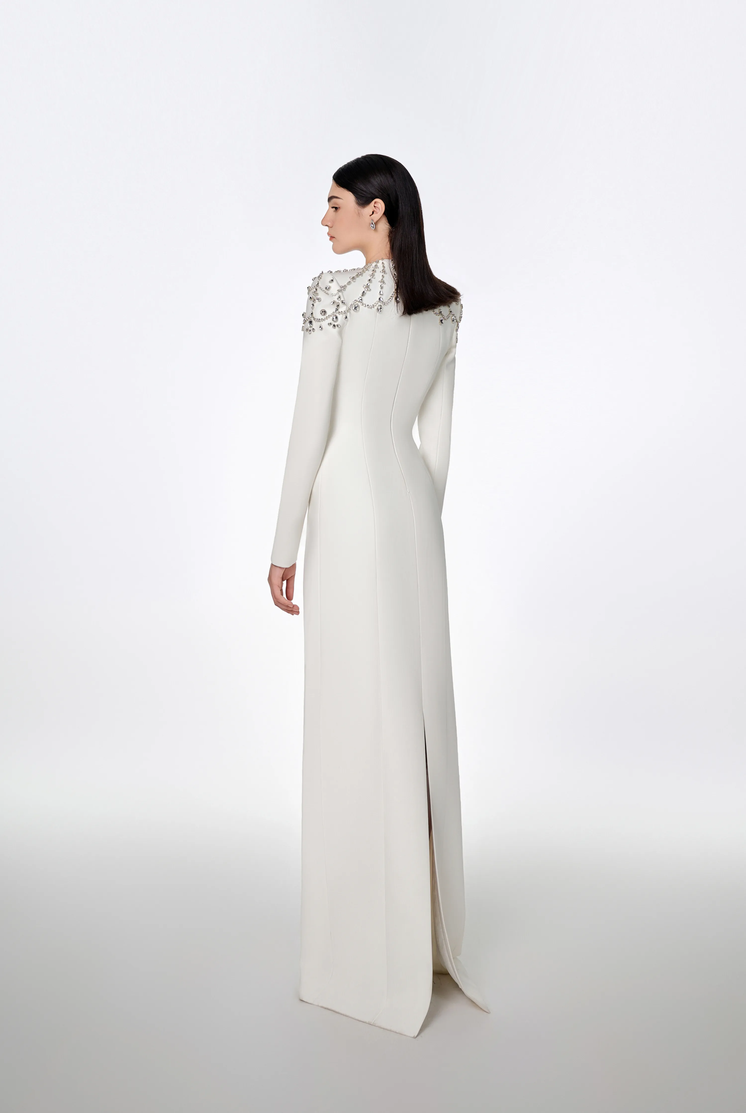 Long Sleeve Trapezoid Neckline Bodycon Full white Dress - Nina