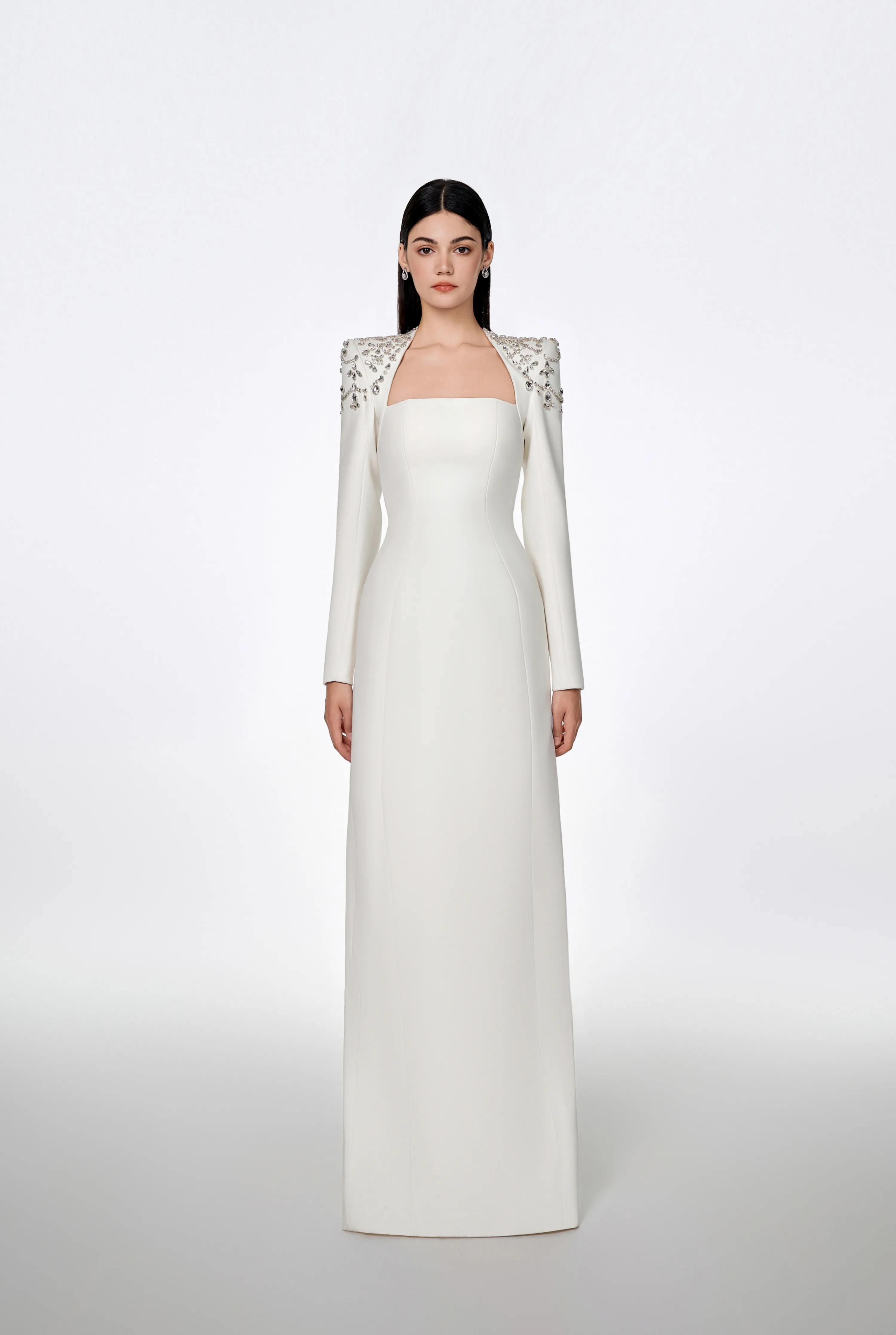 Long Sleeve Trapezoid Neckline Bodycon Full white Dress - Nina