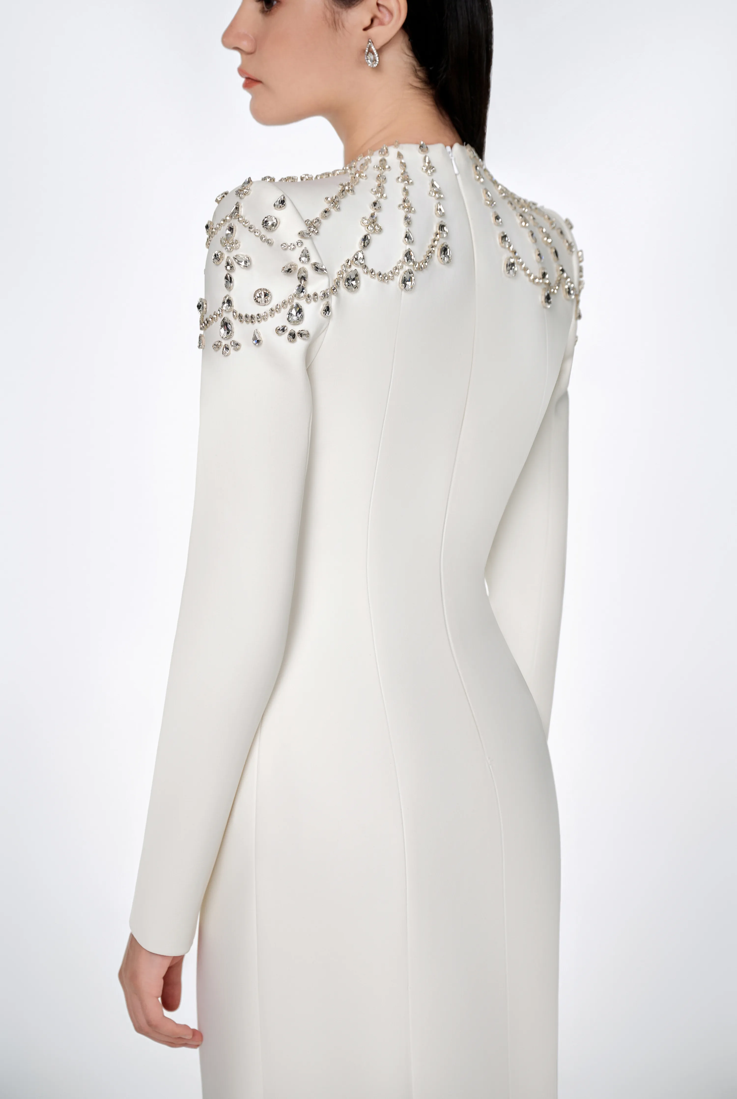 Long Sleeve Trapezoid Neckline Bodycon Full white Dress - Nina