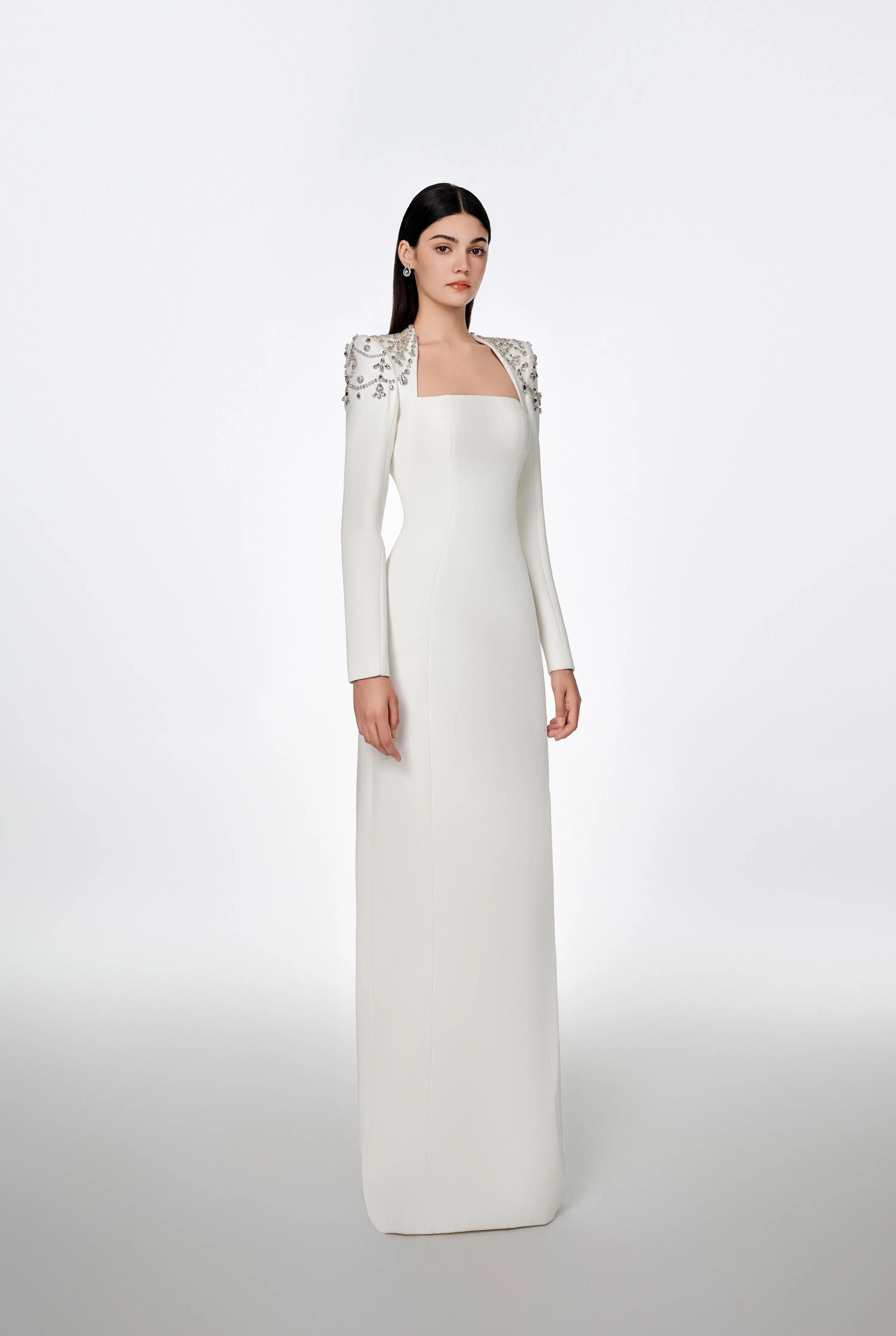 Long Sleeve Trapezoid Neckline Bodycon Full white Dress - Nina