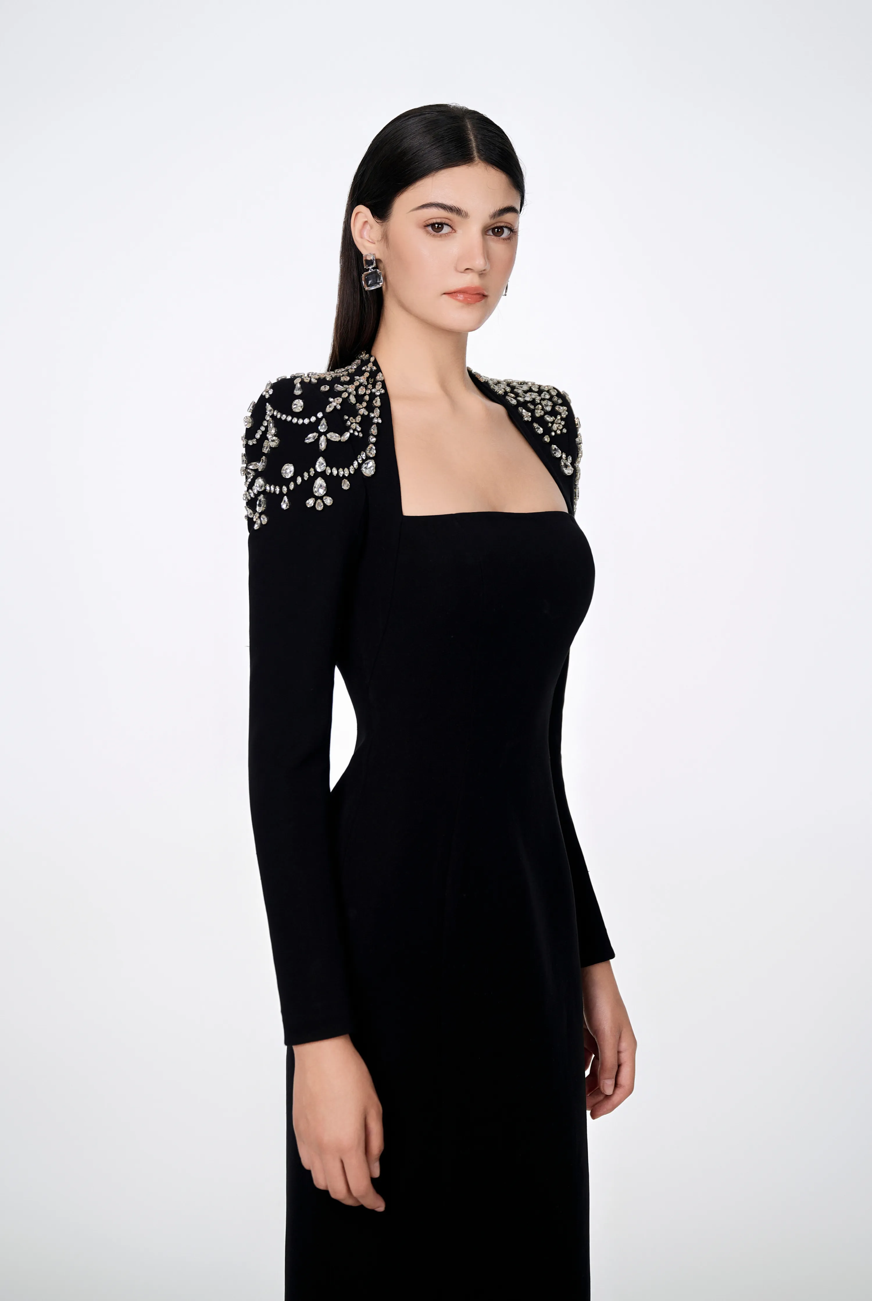 Long Sleeve Trapezoid Neckline Bodycon Full white Dress - Nina