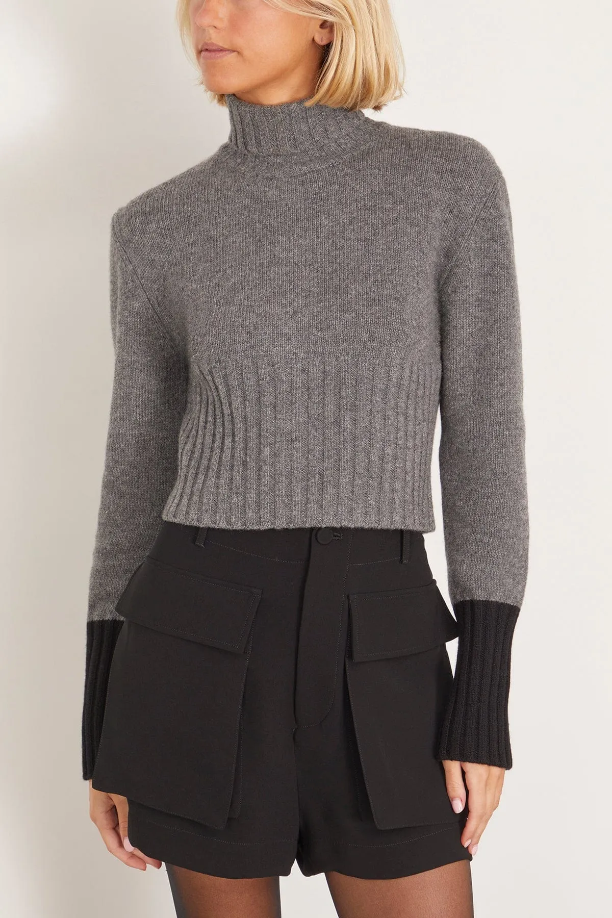 Long Sleeve Turtleneck Knit in Pewter Grey Black