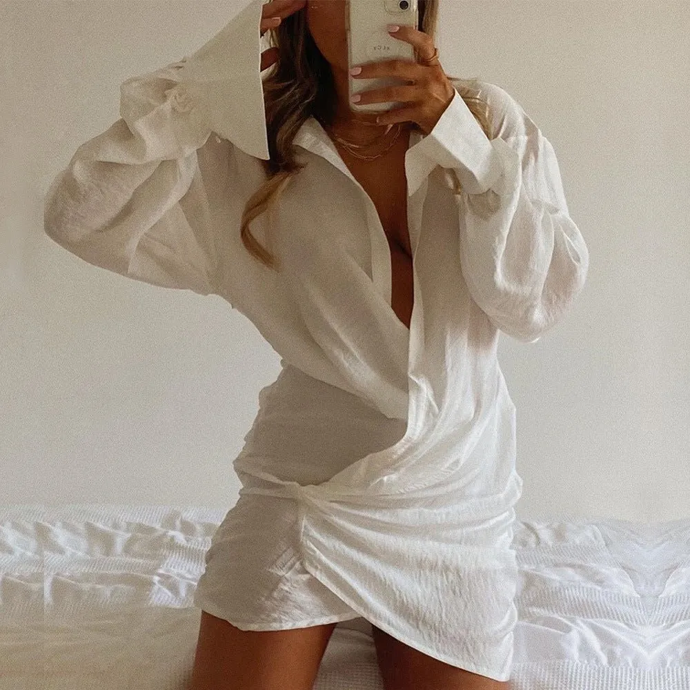 Long Sleeve White Shirt Dress with Deep V Neckline and Lace Accents for Women