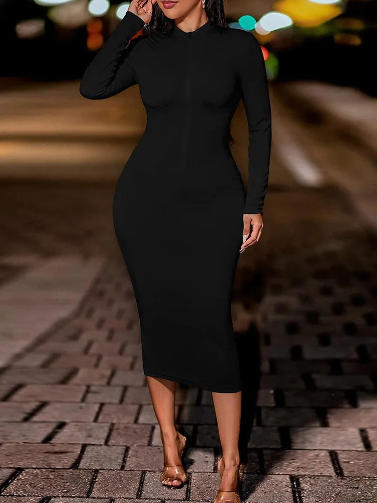 Long Sleeves Cut Out Zipper Midi Dresses