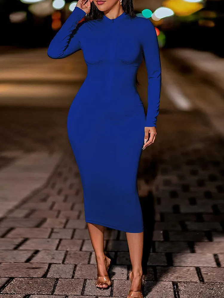 Long Sleeves Cut Out Zipper Midi Dresses