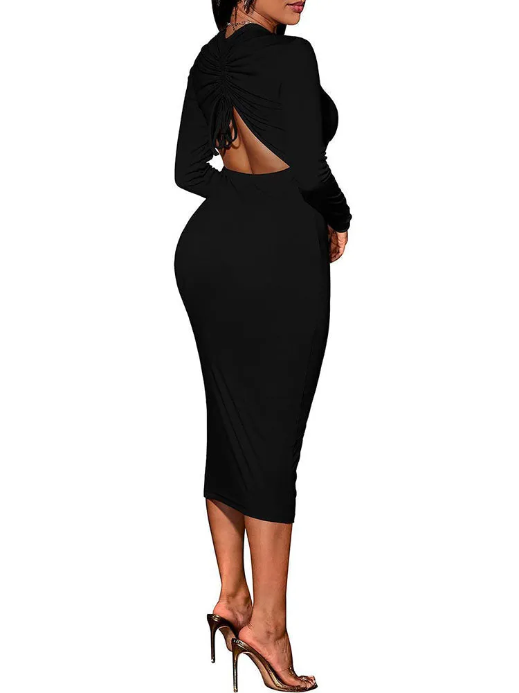 Long Sleeves Cut Out Zipper Midi Dresses