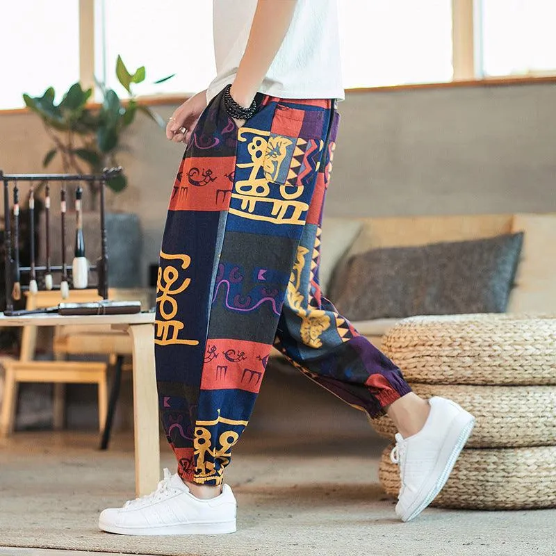 Men’s Casual Loose Printed Pants - Cotton Linen