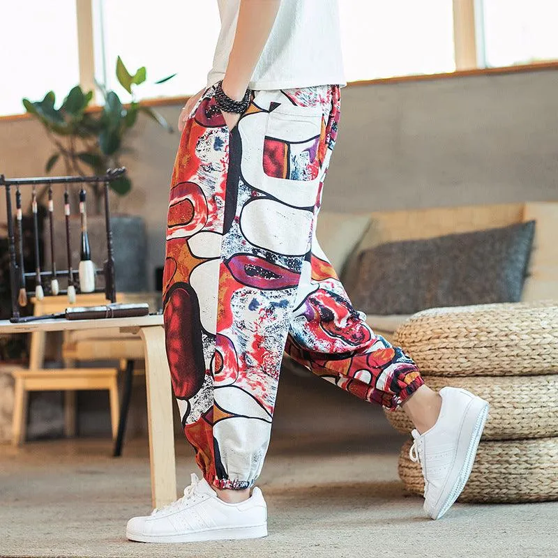 Men’s Casual Loose Printed Pants - Cotton Linen