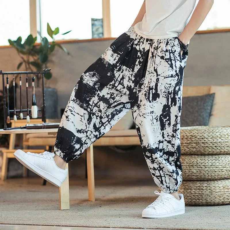 Men’s Casual Loose Printed Pants - Cotton Linen