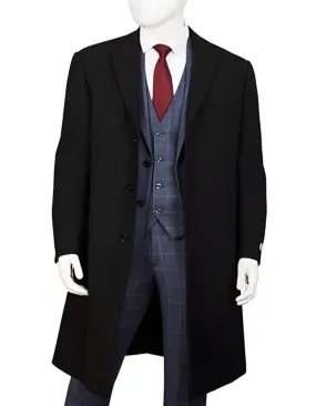 Mens Overcoat - Topcoat For Men - Winter Fabric men's Three Button Wool ~ Poly Blend Black Overcoat