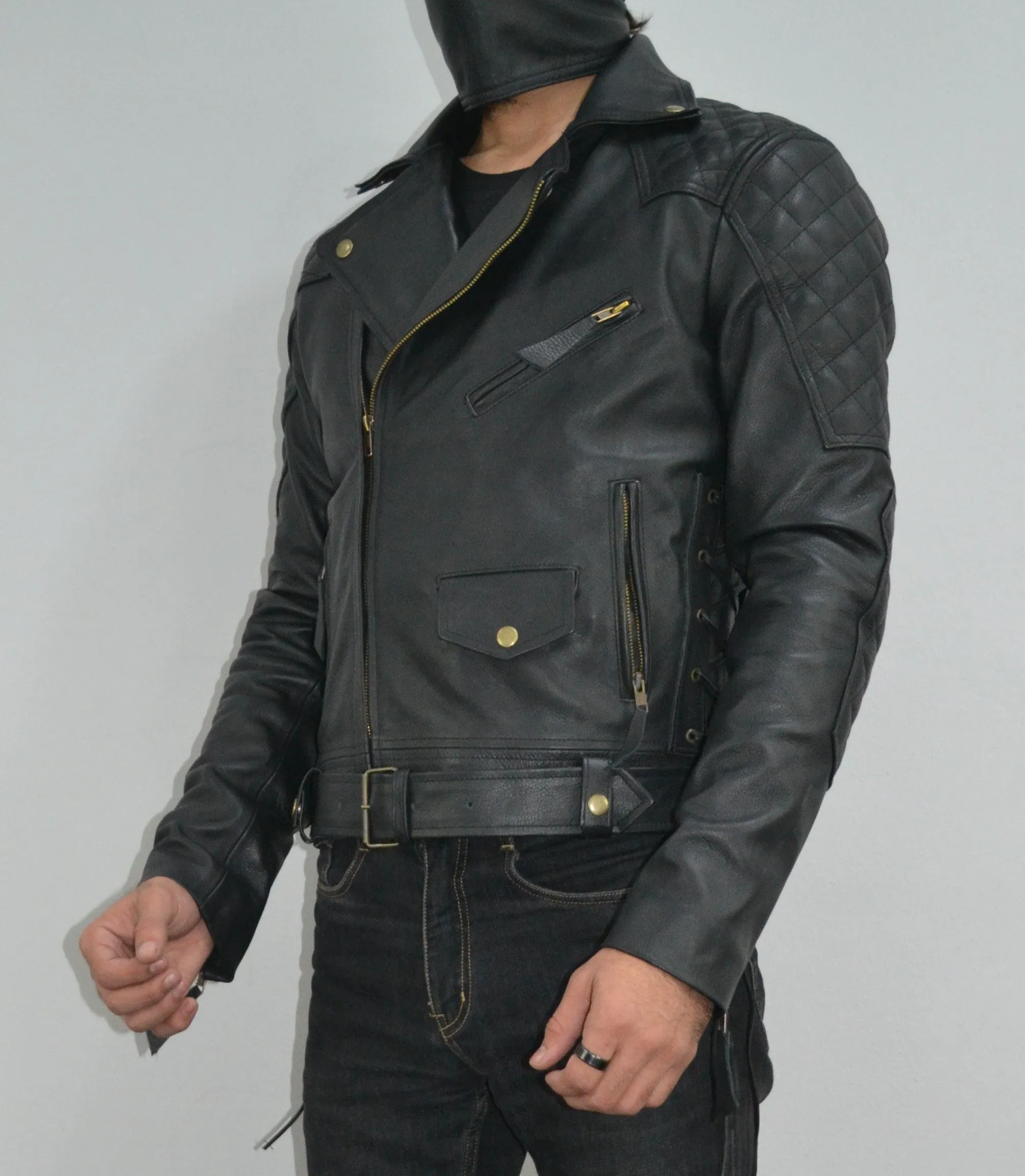 Mens Quilted Side Lace up Motorcycle Leather Biker Jacket