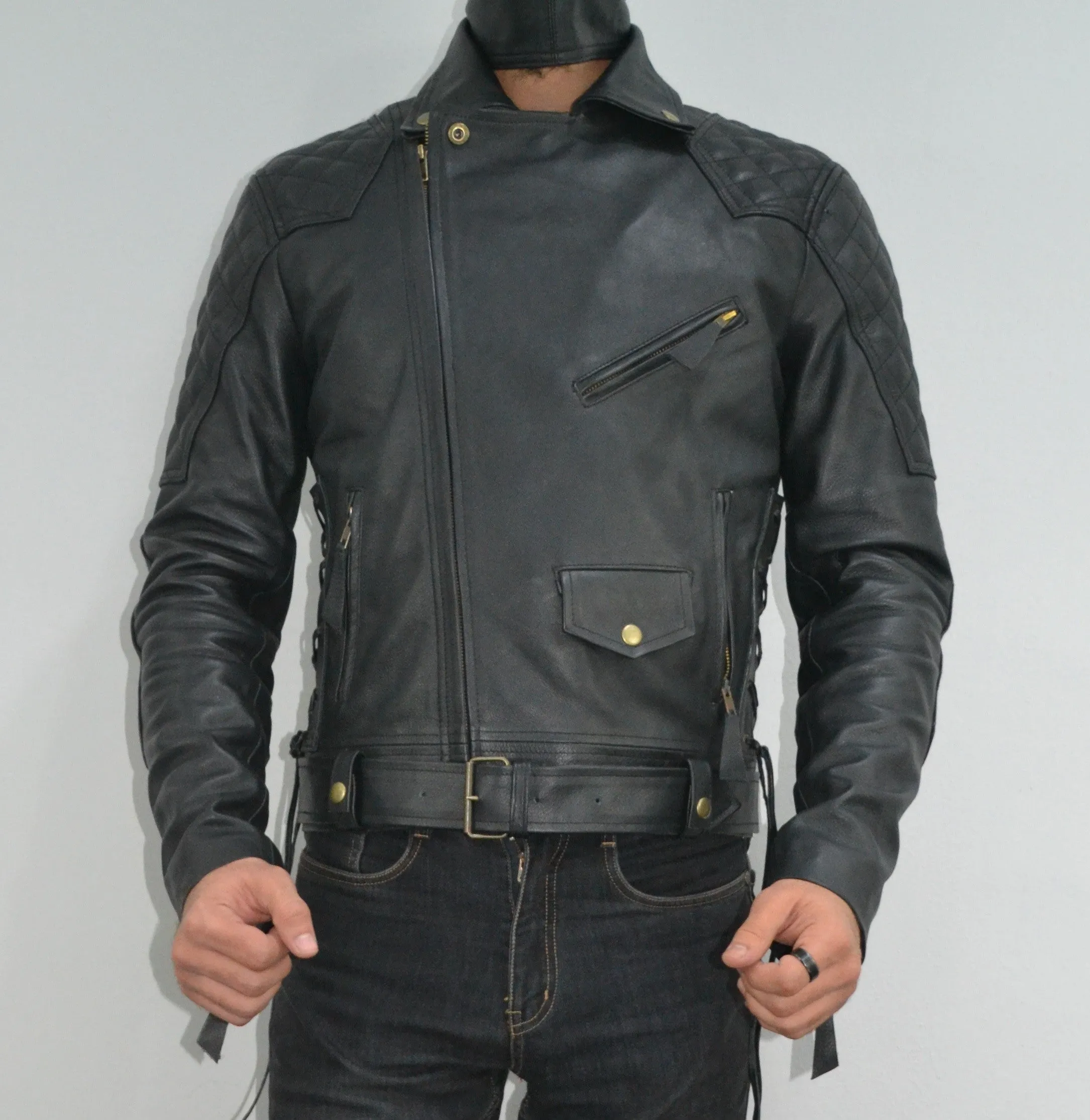 Mens Quilted Side Lace up Motorcycle Leather Biker Jacket