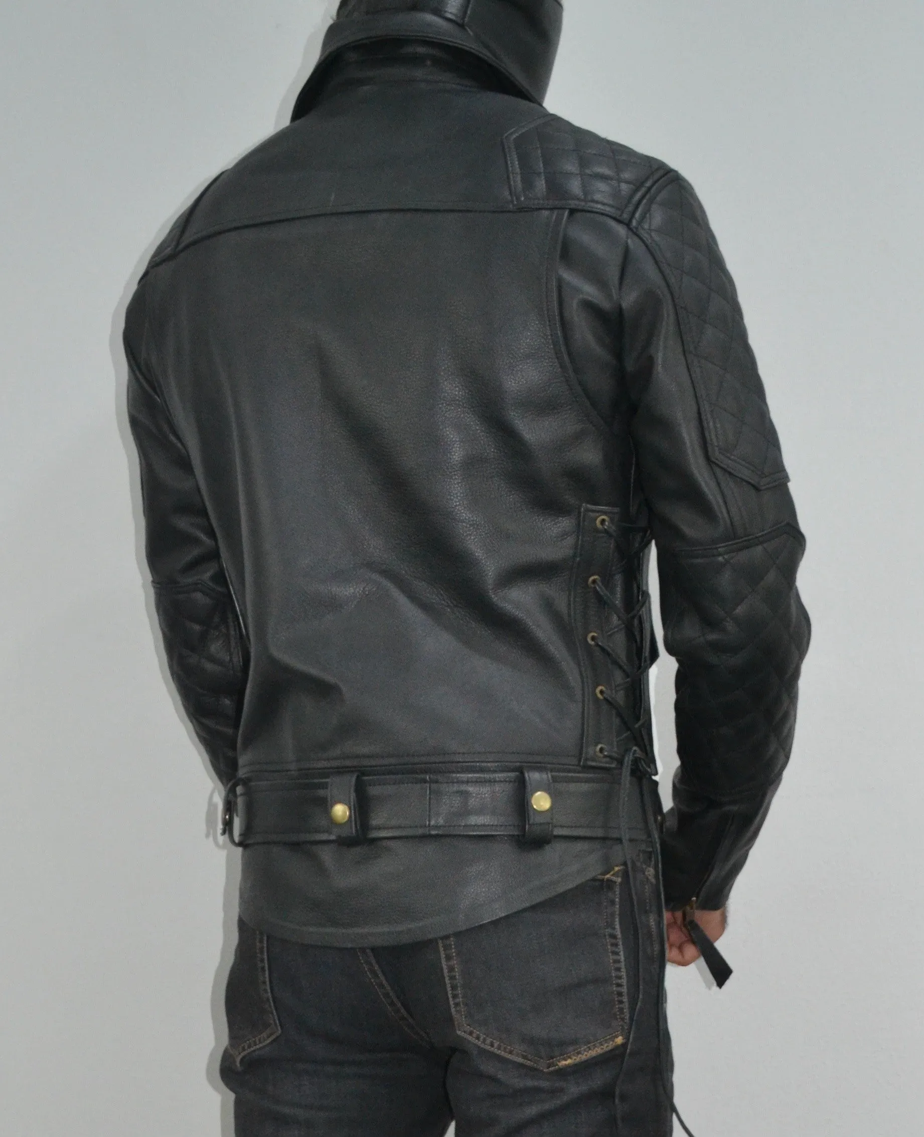 Mens Quilted Side Lace up Motorcycle Leather Biker Jacket