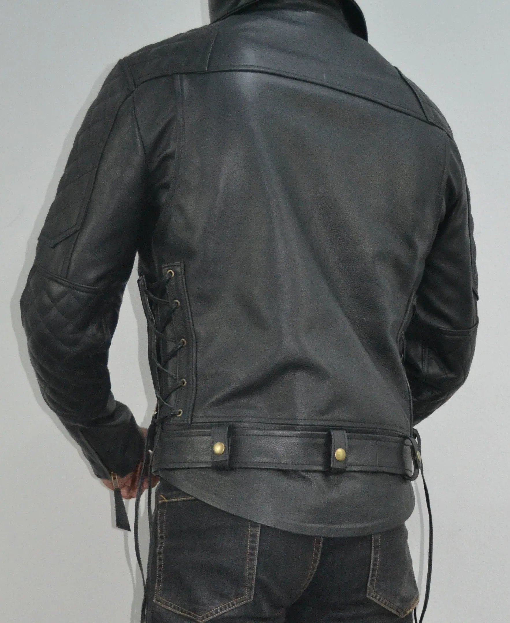 Mens Quilted Side Lace up Motorcycle Leather Biker Jacket