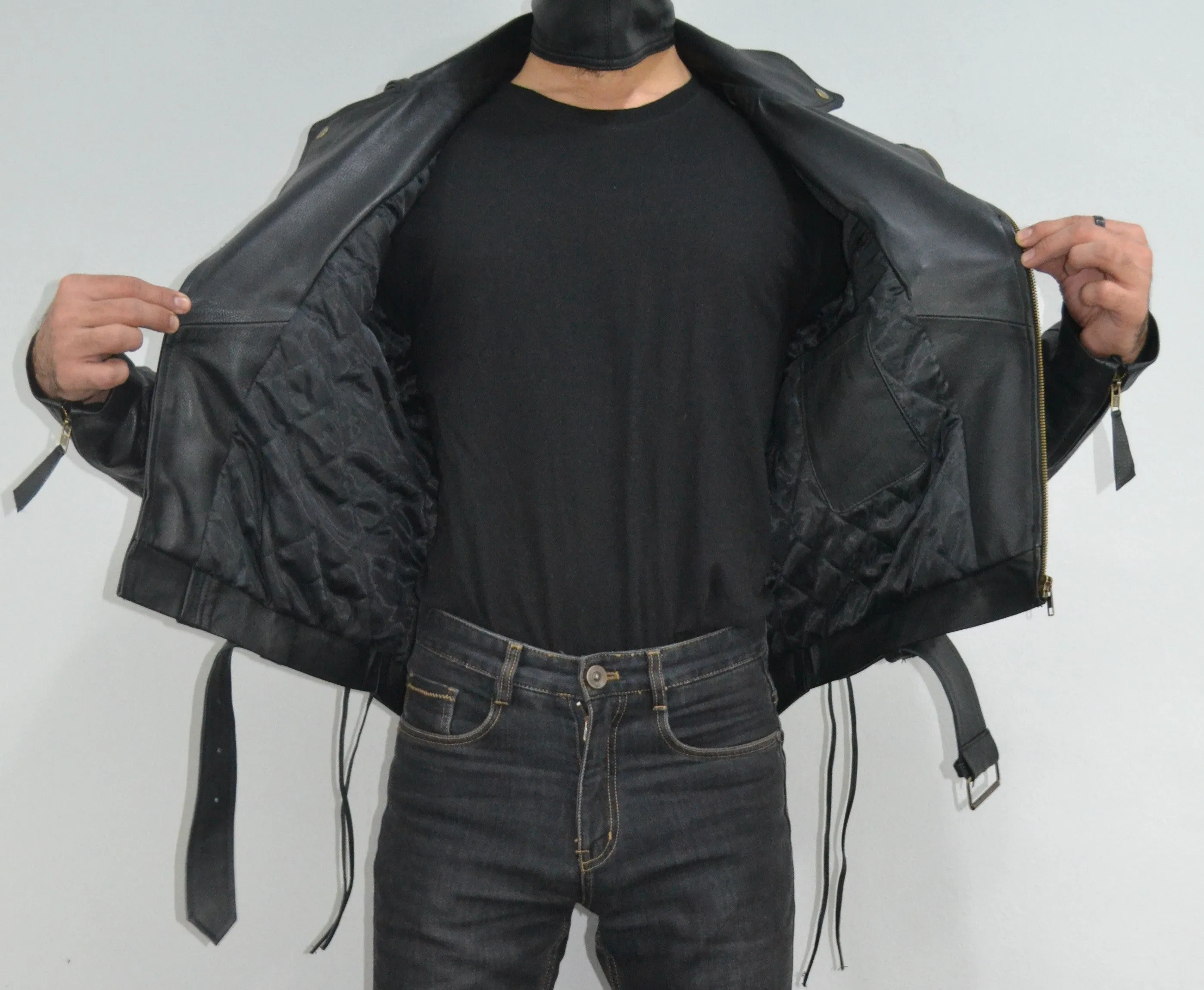 Mens Quilted Side Lace up Motorcycle Leather Biker Jacket