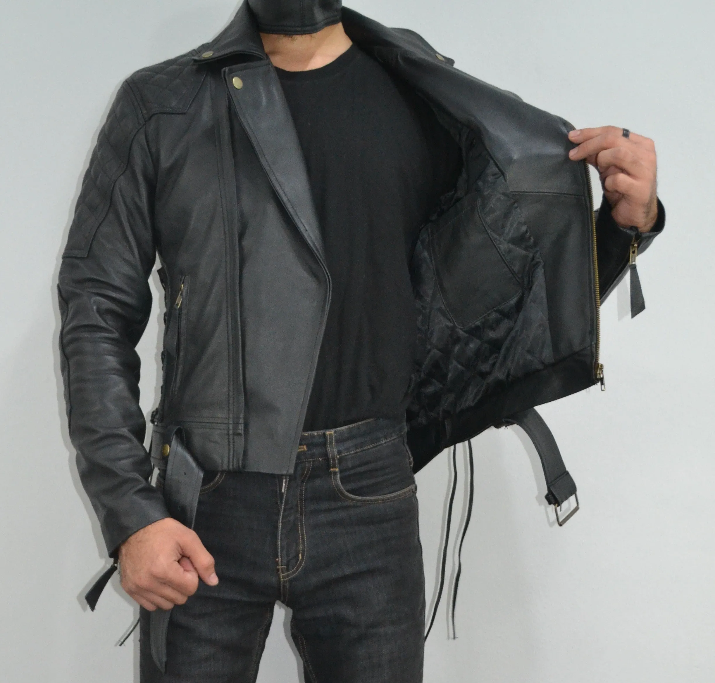 Mens Quilted Side Lace up Motorcycle Leather Biker Jacket