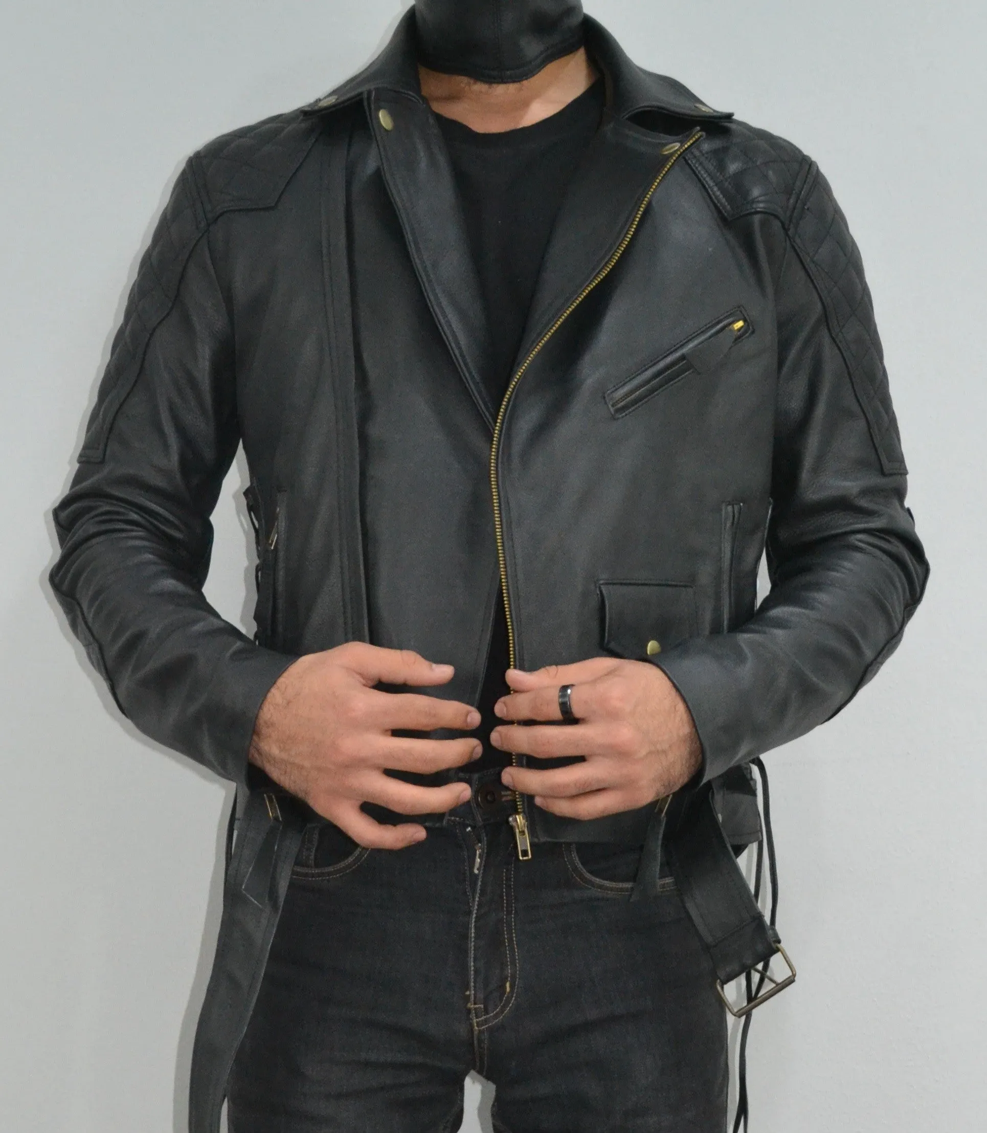 Mens Quilted Side Lace up Motorcycle Leather Biker Jacket