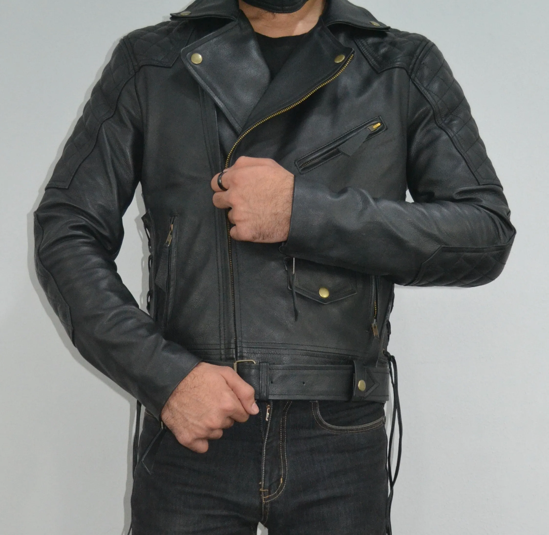 Mens Quilted Side Lace up Motorcycle Leather Biker Jacket
