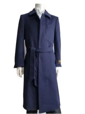 Mens Wool Cashmere Belted Topcoat Navy Blue Full Length Belt-Coat IS