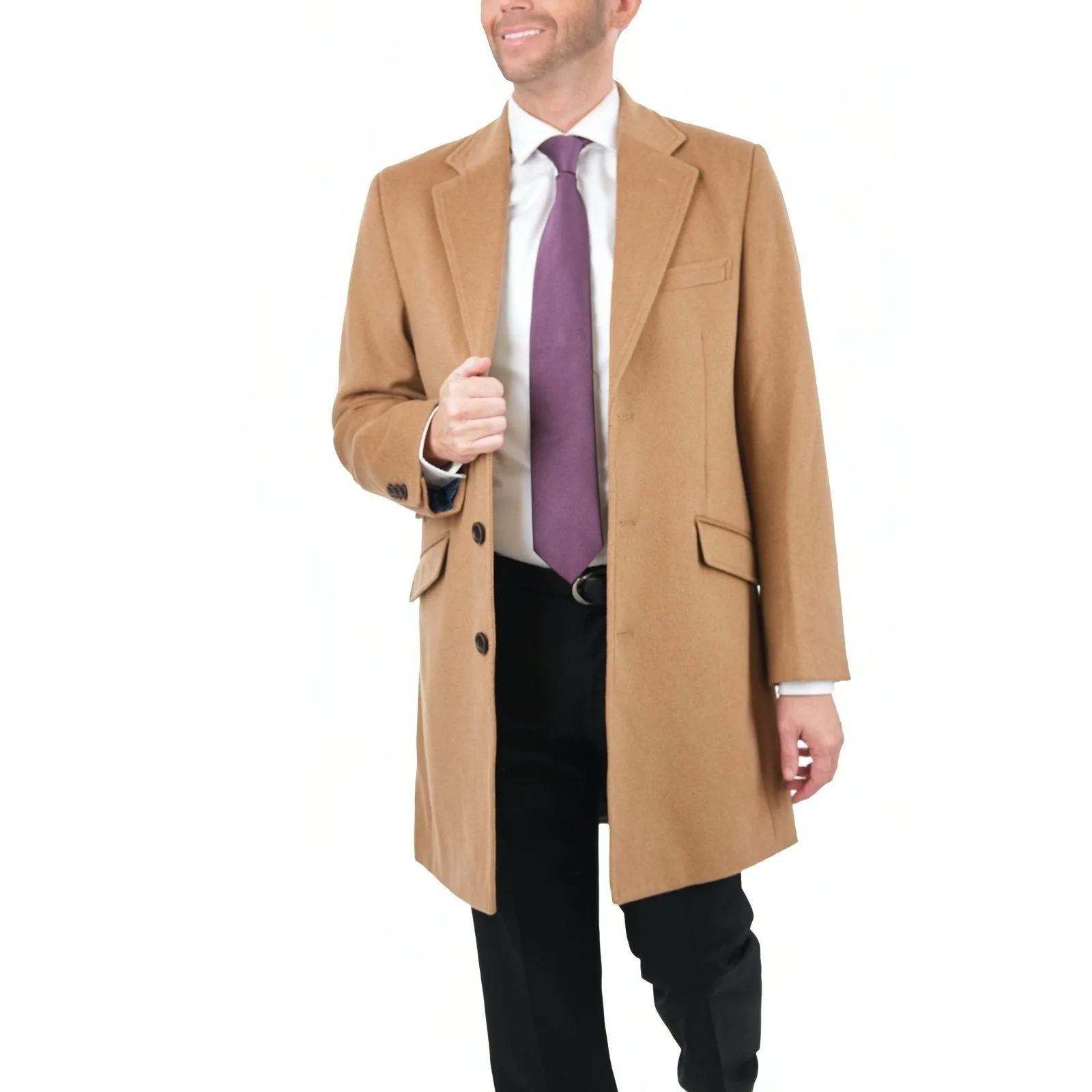 Men's Wool Cashmere Single Breasted Camel Tan 3/4 Length Car Coat Top Coat