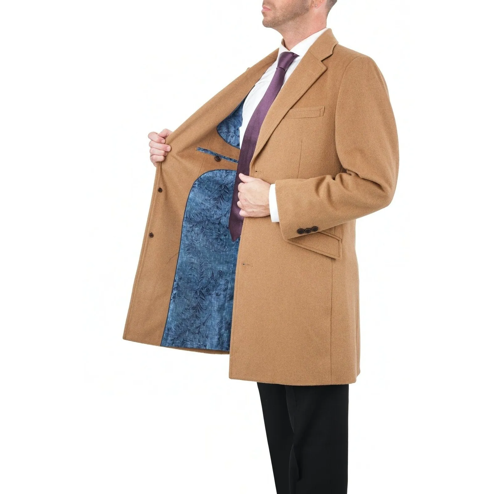 Men's Wool Cashmere Single Breasted Camel Tan 3/4 Length Car Coat Top Coat