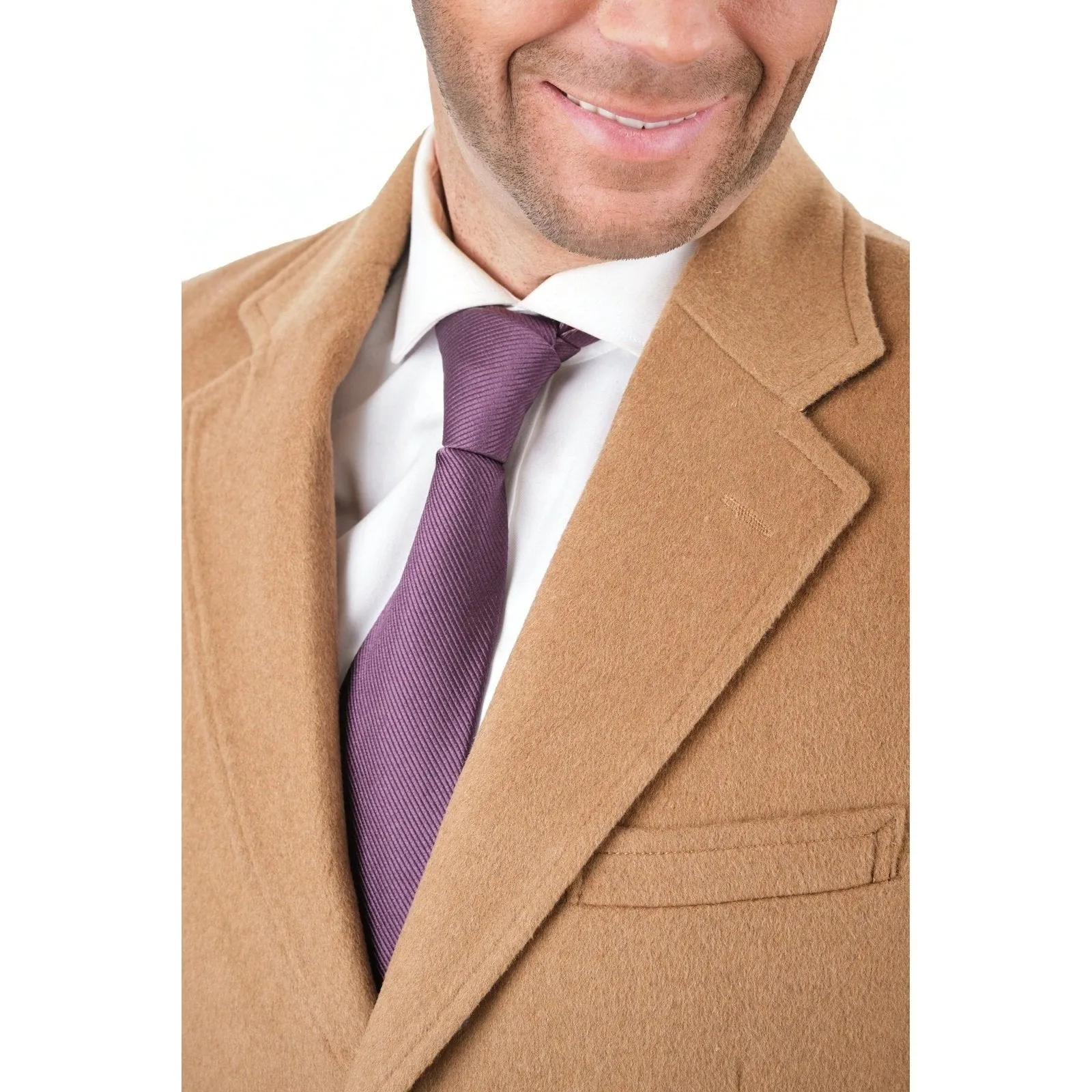 Men's Wool Cashmere Single Breasted Camel Tan 3/4 Length Car Coat Top Coat