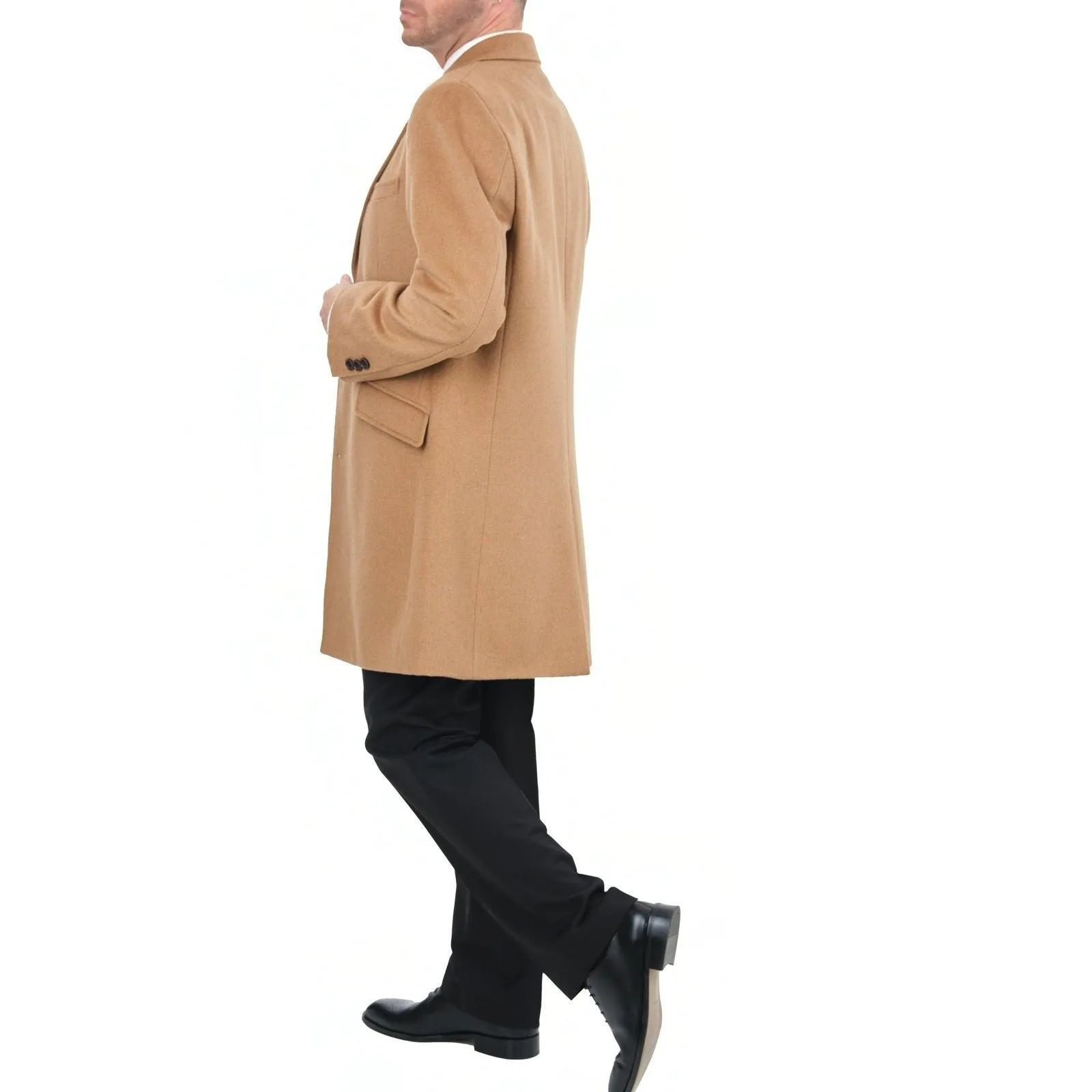 Men's Wool Cashmere Single Breasted Camel Tan 3/4 Length Car Coat Top Coat
