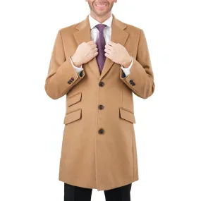 Men's Wool Cashmere Single Breasted Camel Tan 3/4 Length Car Coat Top Coat