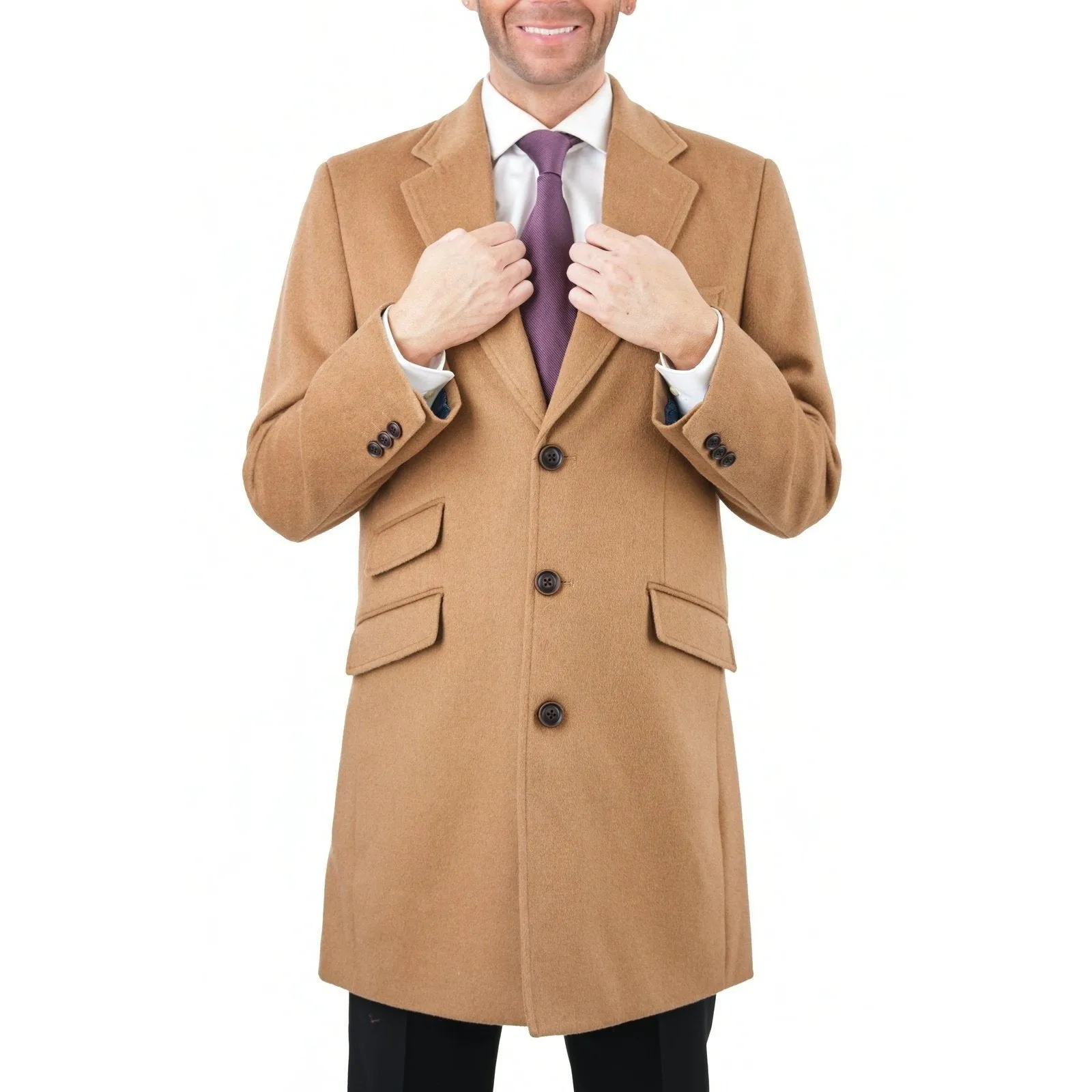 Men's Wool Cashmere Single Breasted Camel Tan 3/4 Length Car Coat Top Coat