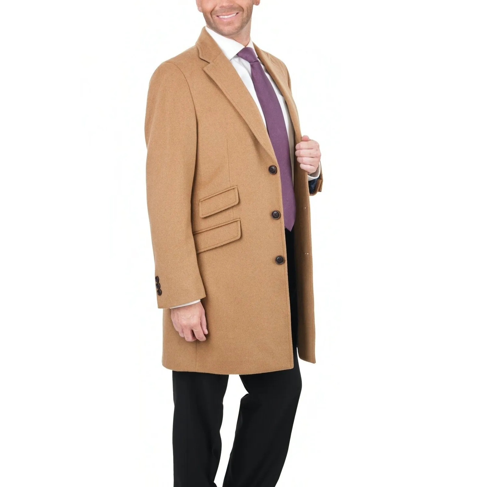 Men's Wool Cashmere Single Breasted Camel Tan 3/4 Length Car Coat Top Coat