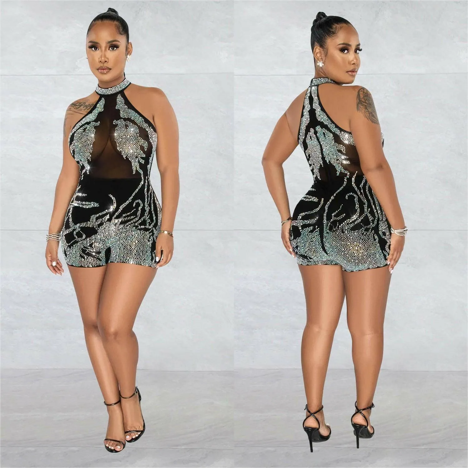 Mila Gauze Perspective Ironing Sleeveless Shorts Jumpsuit-Black-FINAL SALE