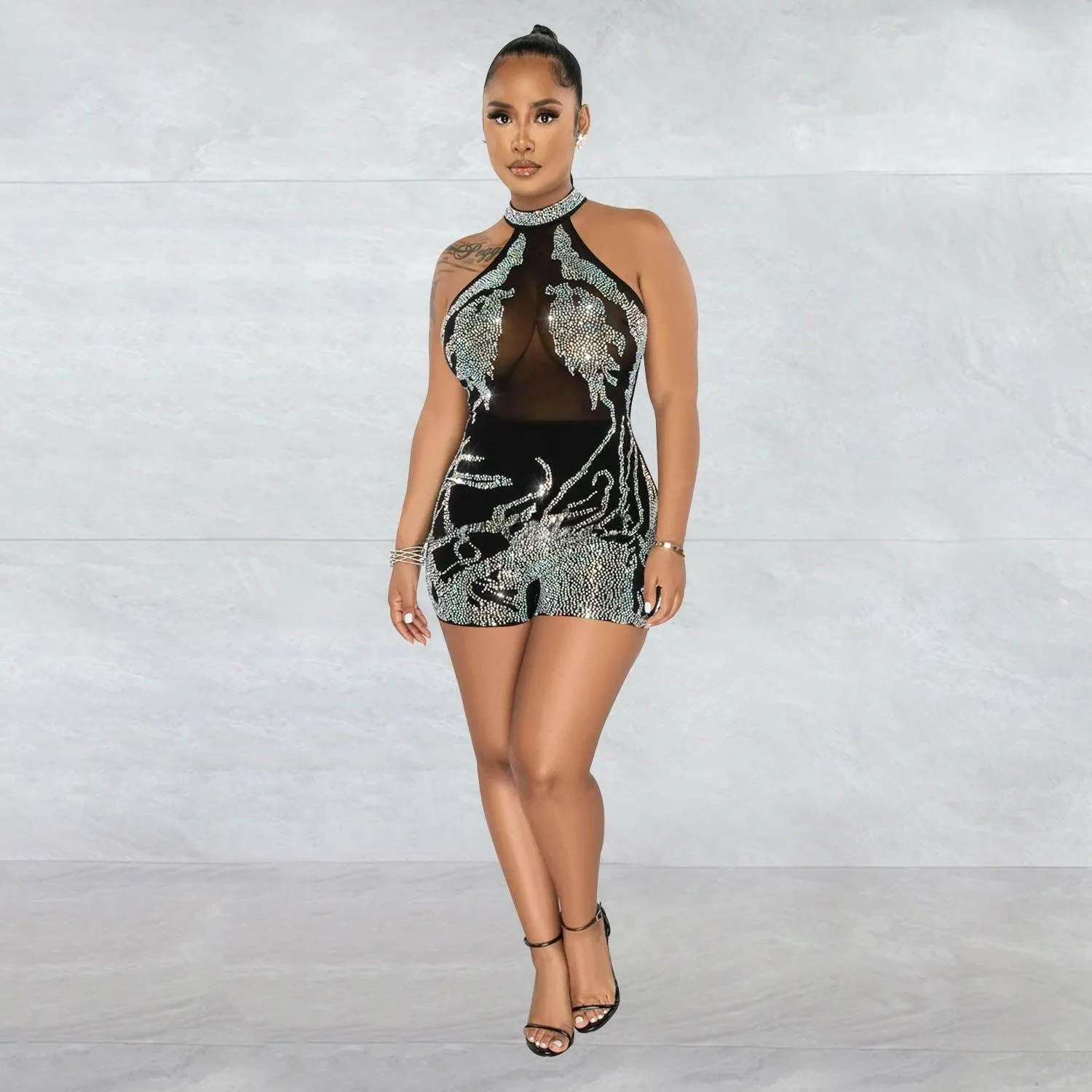 Mila Gauze Perspective Ironing Sleeveless Shorts Jumpsuit-Black-FINAL SALE